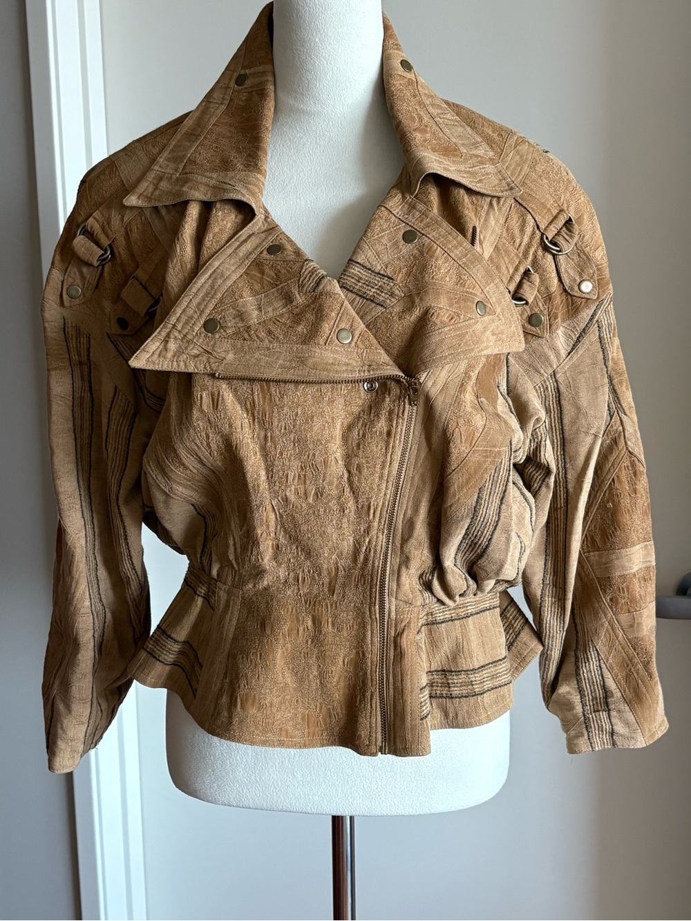 CACHE Vintage Camel Textured Moto Jacket Batwing Dolman Made USA Sz Small